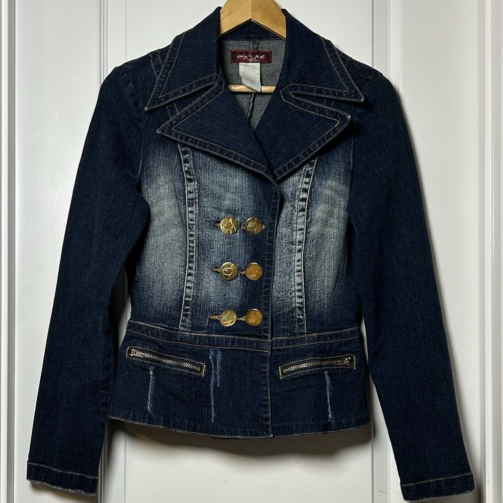 Baby Phat Gold Logo Button Double Breasted Distressed‎ Y2K Era Denim Jacket